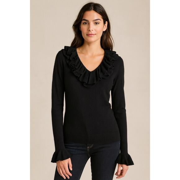Lauren Ralph Lauren Silk Cashmere Ruffle Neck Sweater Witchy Boho Black Medium - Picture 1 of 10